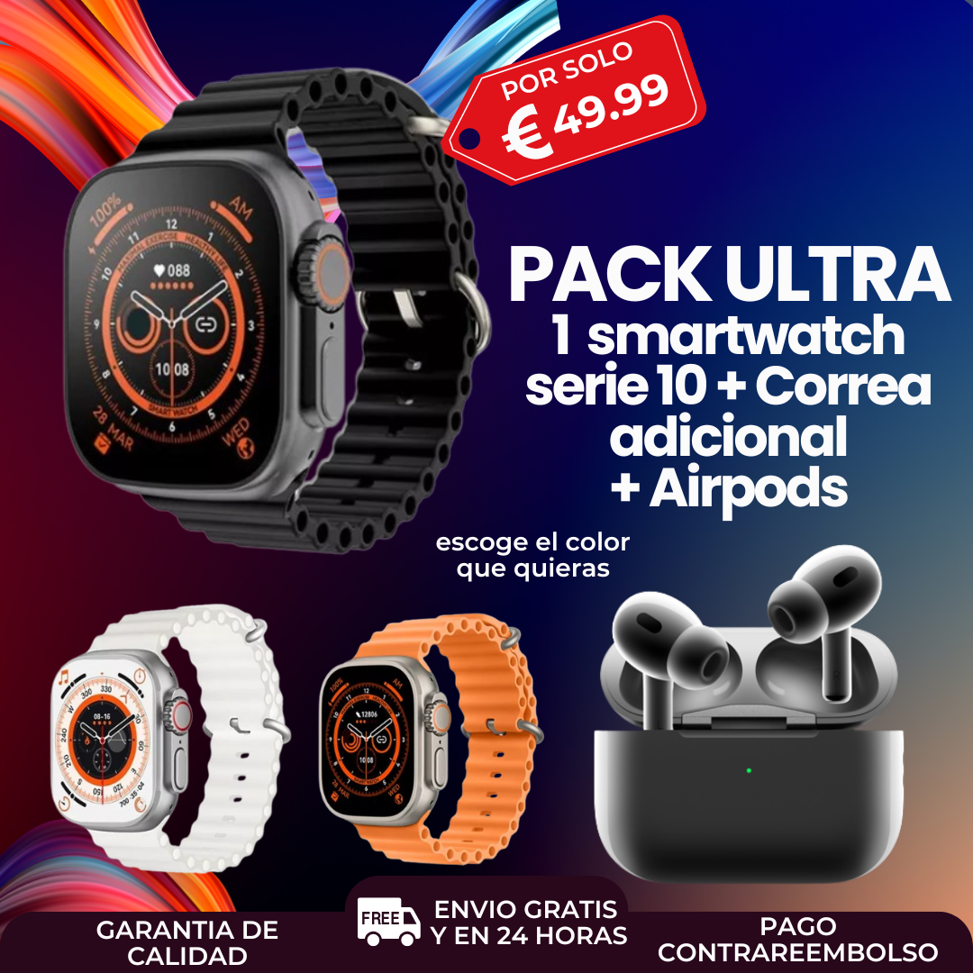 Pack Tecnológico Smartwatch ultra + correa adicional + Airpods